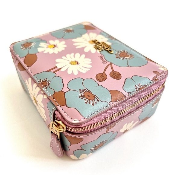 Coach Leather Floral Jewelry Box Zip Pink Purple - Picture 4 of 5